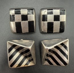 (2) Pairs Sterling SIlver .925 Vintage Taxco Clip Earrings With Onyx Lot - 1.49 TOZ