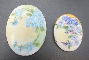 (2) Antique Porcelain Handpainted Flowers Pin Brooches Lot