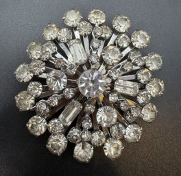 Silver Tone Sparkling Vintage Atomic Snowflake Clear Rhinestone Pin Brooch