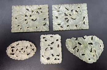 (5) Antique Pieces Of Carved Chinese Jade Flower & Bird Motif Lot - 47.6 Grams