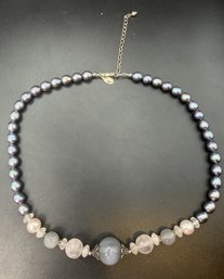 Sterling Silver .925 JRI Gray Pearl, Rose Quartz, Chalcedony Necklace - 47.8 Grams