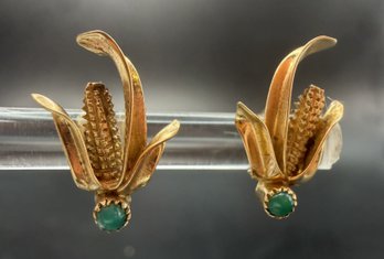 14KT Yellow Gold Green Chalcedony Corn Cob In Stalk Earrings - 1.44 Grams