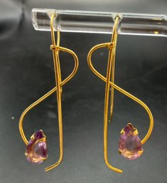 14KT Yellow Gold Amethyst Whimsical Hook Earrings - 1.18 Grams