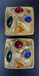 Les Bernard Couture Gold Tone Gripoix Cabachon Clip Back Earrings - 38.7 Grams
