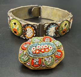 (2) Antique Italy Micromosaic Glass Pin & Bracelet Lot - 66.3 Grams