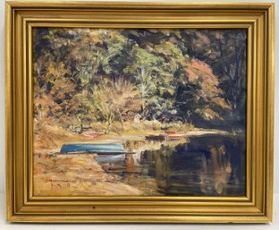 JUDY HARMON Cape Cod Framed Oil On Canvas BLUE CANOE Painting