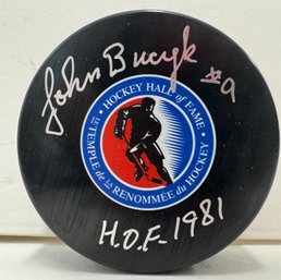 Johnny Bucyk Signed Autographed Hockey HOF Puck W Inscription Bruins