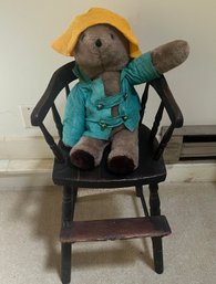Antique Child's High Chair With Padding Bear