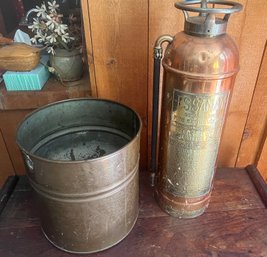 Brass Antique Bucket And Fire Extinguisher