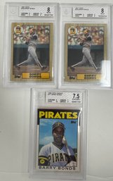 (3) 1986-87 Topps Barry Bonds Rookie Card Lot Beckett Graded Near Mint