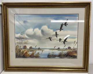 CLARENCE BOYCE MONEGAR Framed Watercolor Hunting Painting CALL OF THE WILD GEESE Signed #1