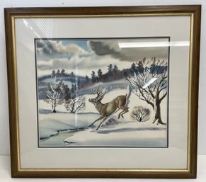 Signed Framed Watercolor Painting Of  A Deer