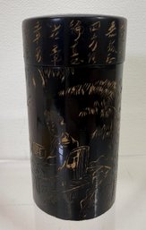 19th Century Chinese Wood Black Lacquered Cylindrical Box And Cover
