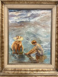Framed Oil On Board Painting Of Children At The Beach-Signed