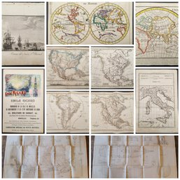 (11) Antique Maps, Ship Blueprints, Engravings, Ephemera Lot