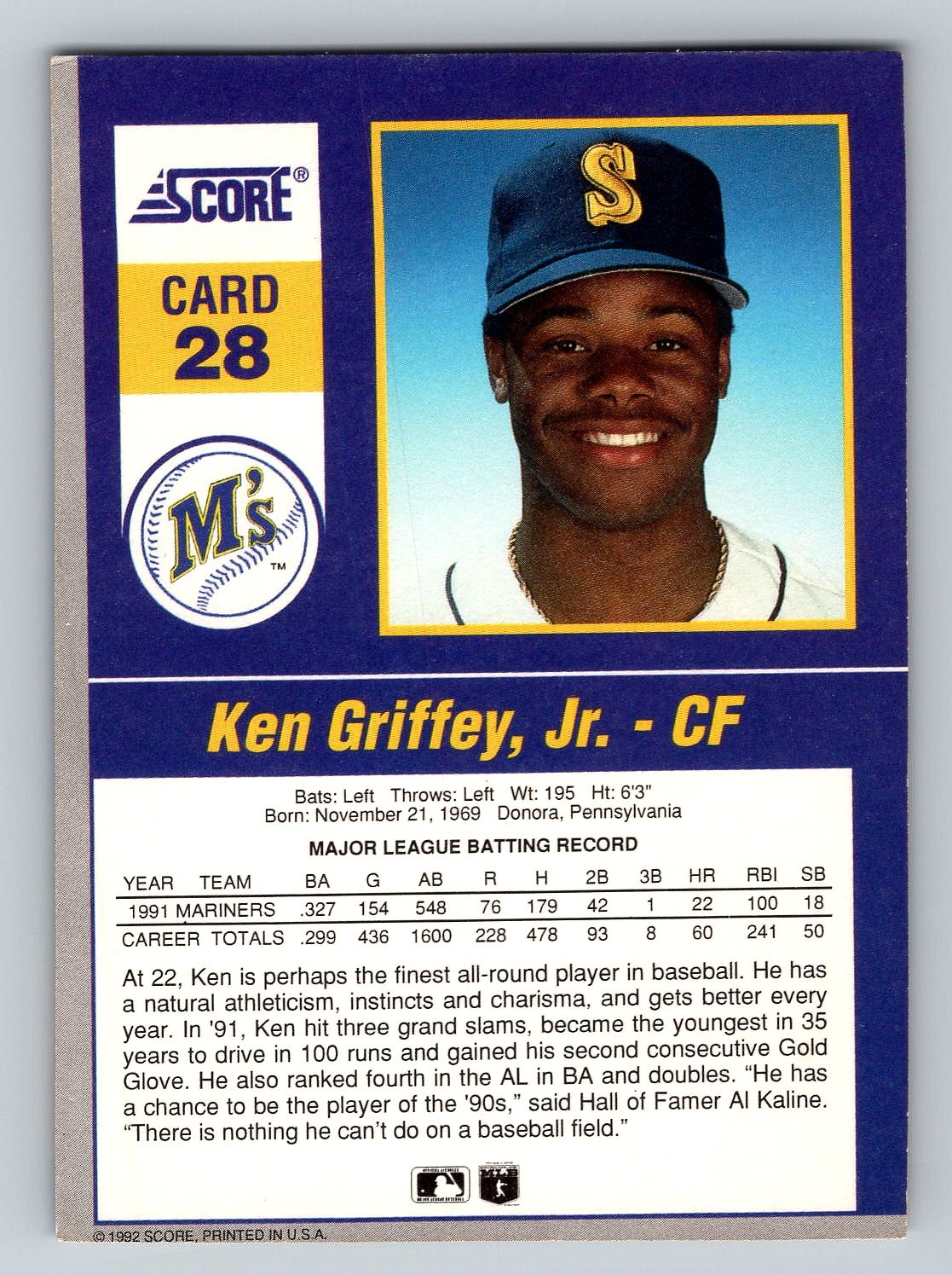 1992 Score Ken Griffey Jr Impact Player Insert Baseball Card