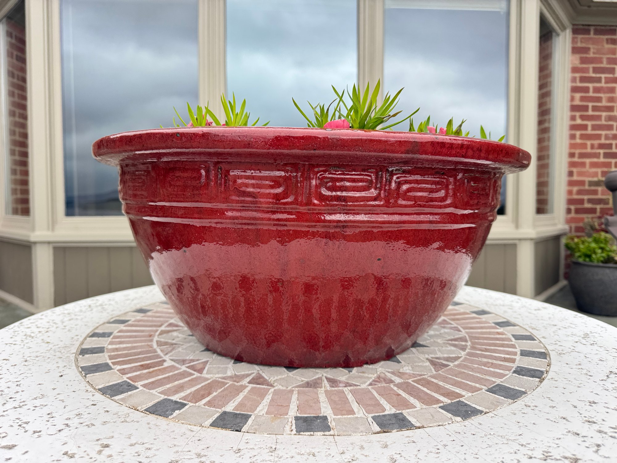 Glazed Greek Key Flower Pot With Flowers *Heavy* #71679 | Auctionninja.com
