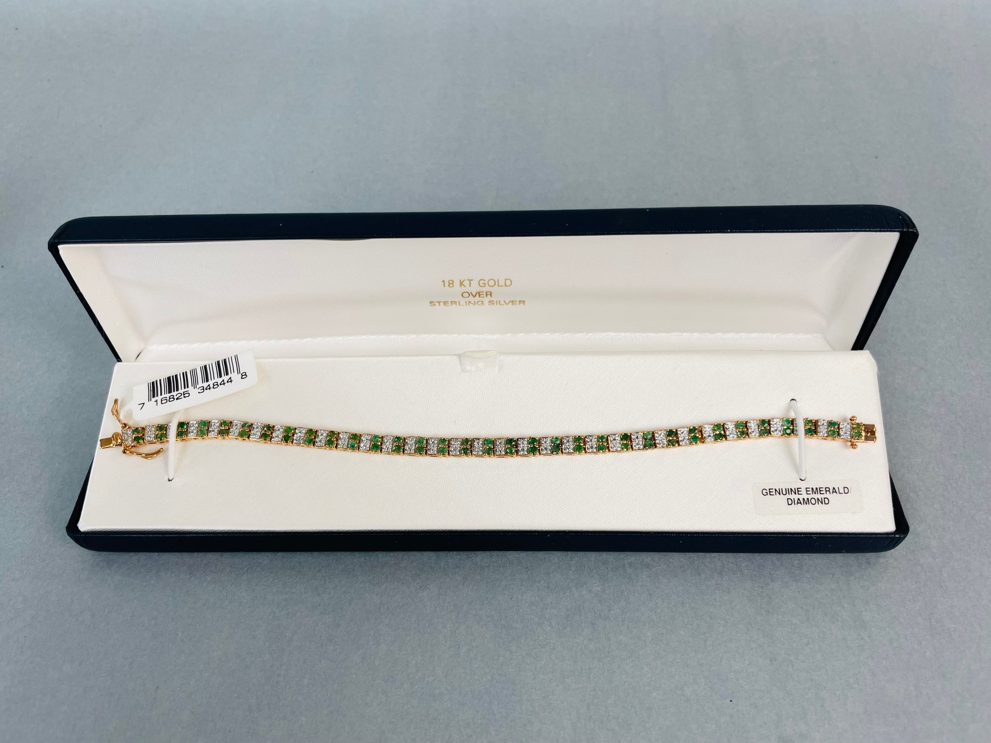 Sterling Silver With 18K Yellow Gold Overlay Emerald And Diamond Tennis