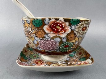 Genuine Kutani Sauce/spice Bowl With Spoon And Saucer.