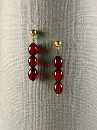 14K Yellow Gold & Faux Red Cherry Amber Beaded Screw Post Pierced Earrings