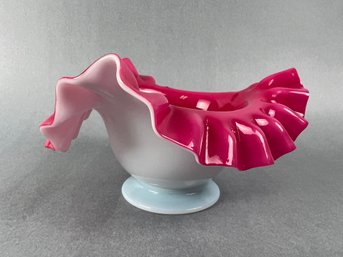 Hand Blown Red & White Cased Bowl W/ Crimped & Fluted Rim