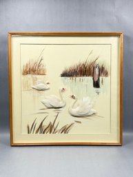 Vintage Swans On Lake  Mixed Media Framed Art
