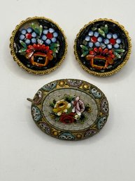 Vintage Mosaic Clip On Earrings And Brooch