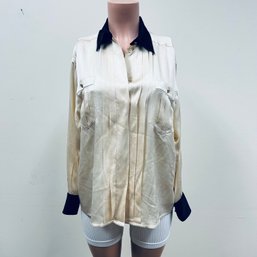 Chanel Off White And Black Collar Silk Blouse - Sz 42