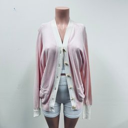 Chanel Pink And White Long Button Down Cardigan