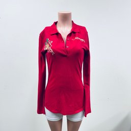 Ed Hardy By Christian Audigier Red Pique Indian Long Sleeve Polo - Sz L With Tag