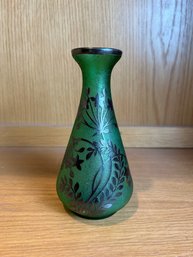 Green Bud Vase With Silver Overlay Floral Pattern