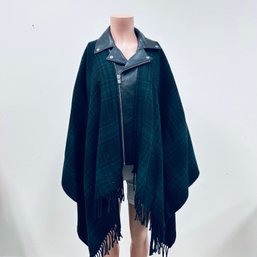 The Kooples Leather Collar Wool Blend Poncho In Green And Black Plaid