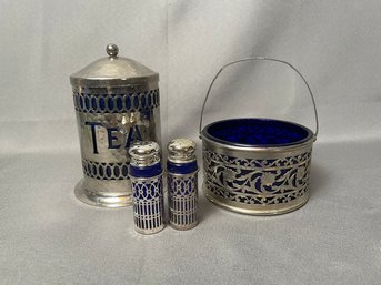 Grouping Of 3 Silver Over Blue Table Items