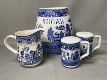 Grouping Of Blue Willow Tableware: Salt & Pepper, Creamer,  Sugar
