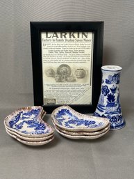 Grouping  Of Vintage Blue Willow: Bone Dishes, Hatpin Holder, Advertisement