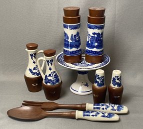 Grouping Of Wood And Ceramic Blue Willow Pieces