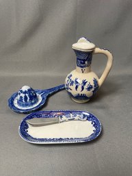 Lot Of 3 Vintage Flow Blue Pieces: Vinegar Bottle, Bread Knife & Juicer