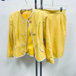 David Hayes Silk Yellow With White Trim Skirt Suit - Size 8