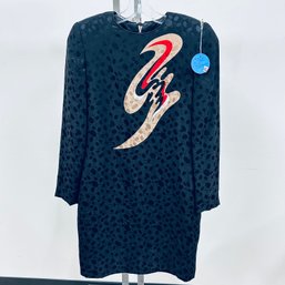 David Hayes Black Silk Dress With Beige/Red Accent - Size 6