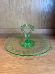 Vintage Etched Green Uranium Glass Handled Serving Plate
