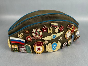 Russian Soviet Military Pilotka Cap With Pins & Patches