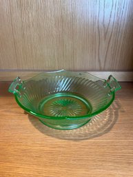 Vintage Uranium Green Depression Glass Two Handled Serving Bowl