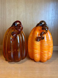 Set Of 2 Decorative Art Glass Pumkins