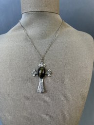 Silver Tone Tiger Eye Cross Necklace.