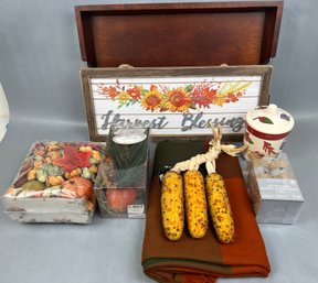Fall Harvest Cornucopia, Potpourri, Decor, Stoneware Jar, Plaque, Wood Tray, Scarf, Tea Lights And Corn Decor.