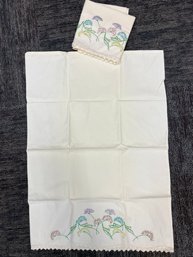 2 Cotton Lace Edged Embroiders Pillow Cases.