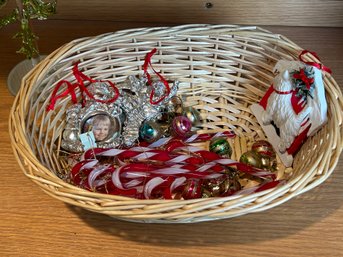 Basket Of Small Ornaments And Glass Tree