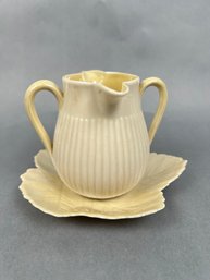 Belleek Double Spout Cream Pitcher With Leaf Saucer