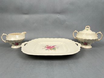 Spode Billingsley Rose Creamer, Sugar Dish And Dessert Platter.