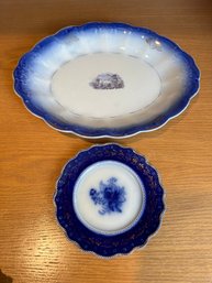 Lot Of 2 Flow Blue Table Wear With Painted Gold Accents